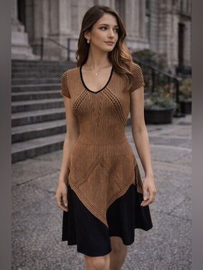 Maison Ullens Knit XS Brown Black Geometric Panel Fit Flare Designer Luxe Chic